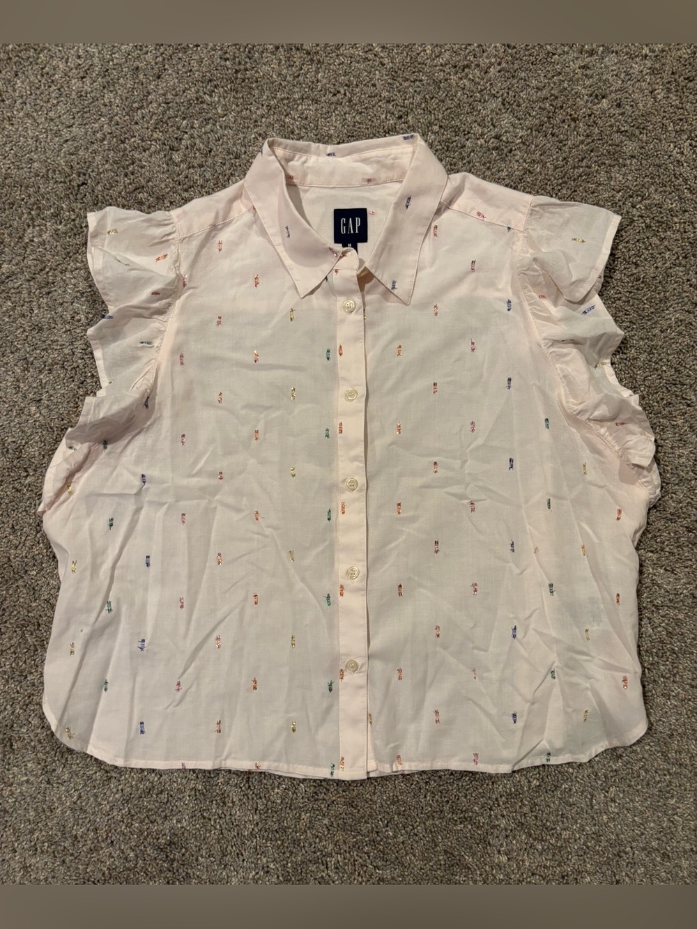 GAP Women’s Light Pink Embroidered Collared Ruffle Short Sleeve Button Blouse M